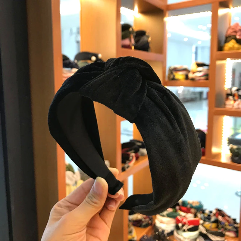 Elegant Thick Velvet Women Headbands Winter Girls Sweet Bow Knot Wide Turban Hairbands Barrettes Headwear Hair Accessories - Цвет: Черный