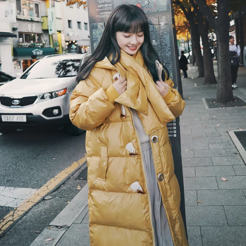 

Photo Shoot Mid-length Yellow over-the-Knee Cotton Coat 2019 Winter New Style Korean-style Loose-Fit Cap Toggle Cotton Overcoat