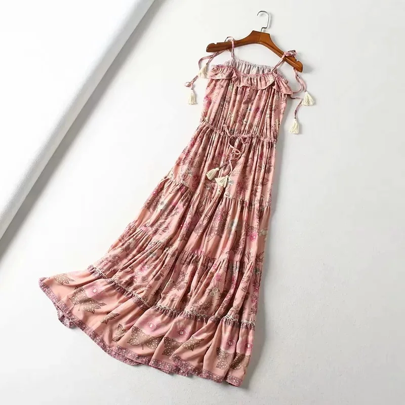 Boho розовый bloom с цветочным принтом платье на бретелях, с кисточками, с эластичной талией gypsy женская летняя обувь платье без бретелек Вечерние пляжное платье одежда