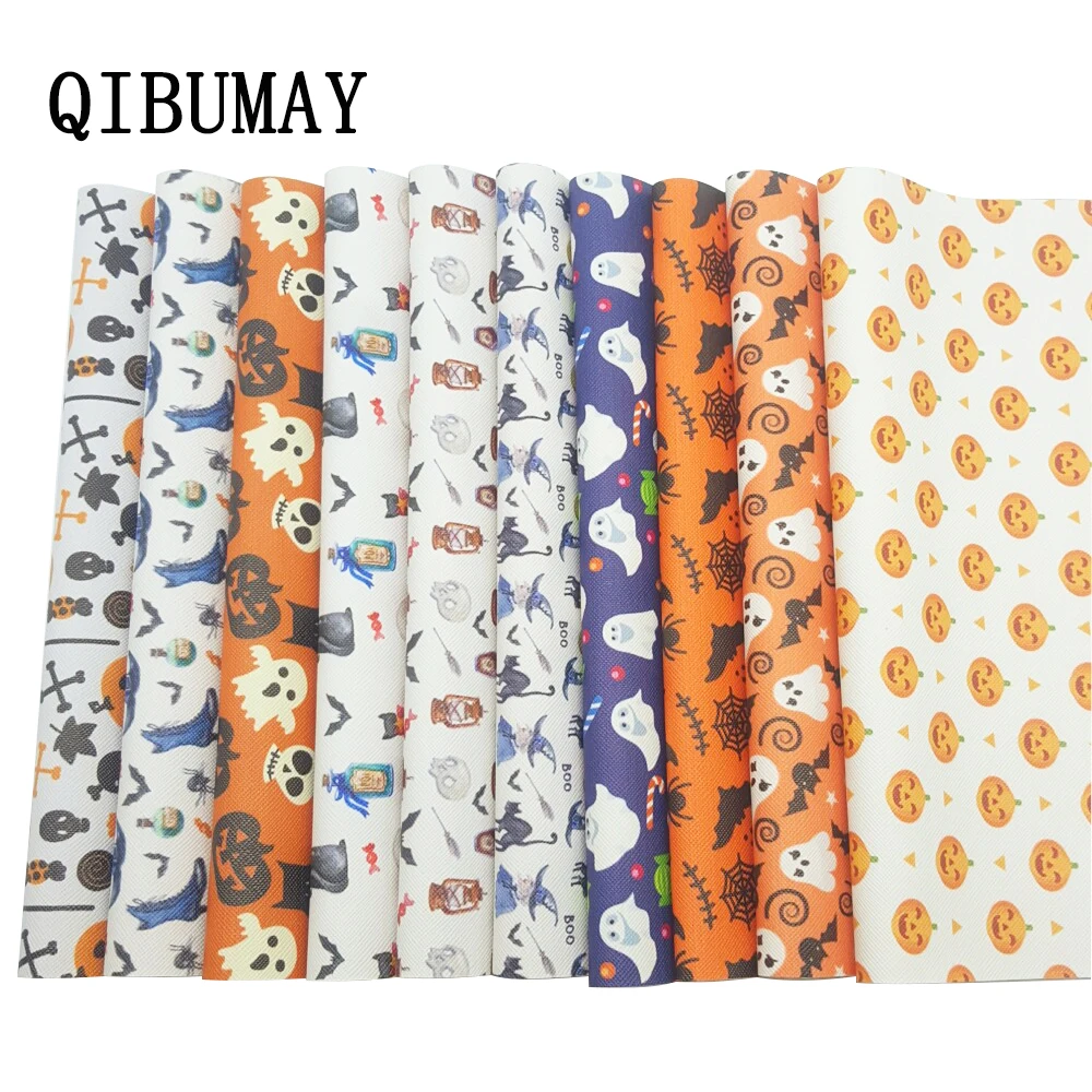

QIBUMAY Halloween Leather Fabric Sheet Ghost Printed Faux Leather Fabric For Bows Festival Decoration 22*30cm Synthetic Leather