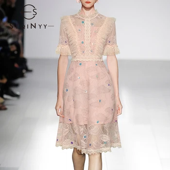 

SEQINYY Lace Dress 2020 Summer Spring New Fashion Design Women Short Sleeve Mesh Ruffles Beading Blue Sequined Knee Dress