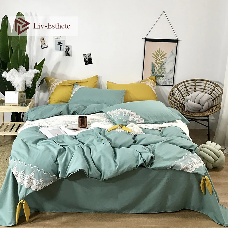 

Liv-Esthete Luxury 100% Silk Lace Silky Bedding Set Healthy Duvet Cover Bed Sheet Double Queen Bed Linen Free Shipping Wholesale