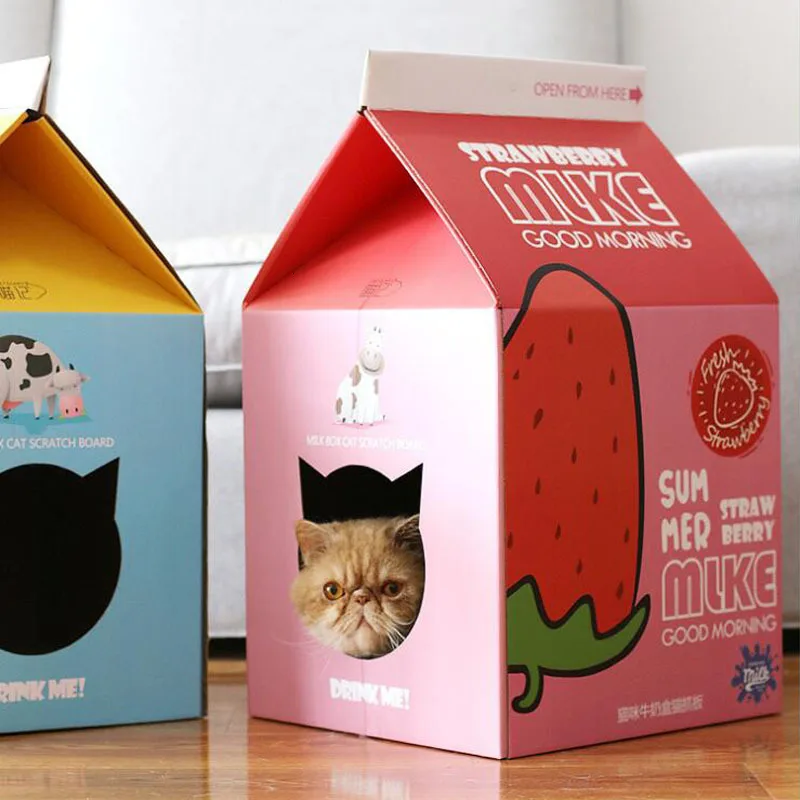 Juice box cat house with folding scratch board corrugated paper nest for small dog puppy cat Sleeping house