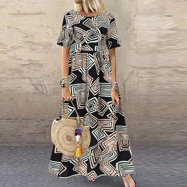 ZANZEA Fashion Summer Maxi Dress Women's Printed Sundress Casual Short Sleeve Vestidos Female High Waist Robe Femme A2 Beige Rayon