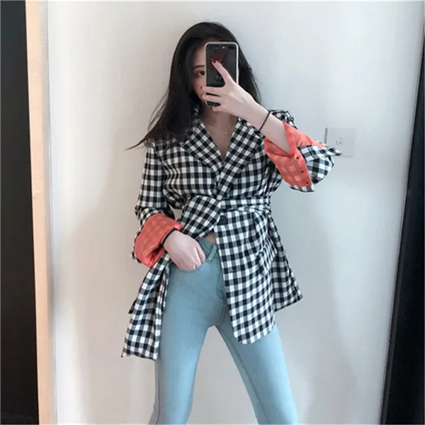 red sleeve RUGOD женский клетчатый блейзер с зубчатым воротником Флуоресцентный цвет рукава свободный костюм пальто с поясом корейский шикарный винтажный пиджак - Цвет: red sleeve