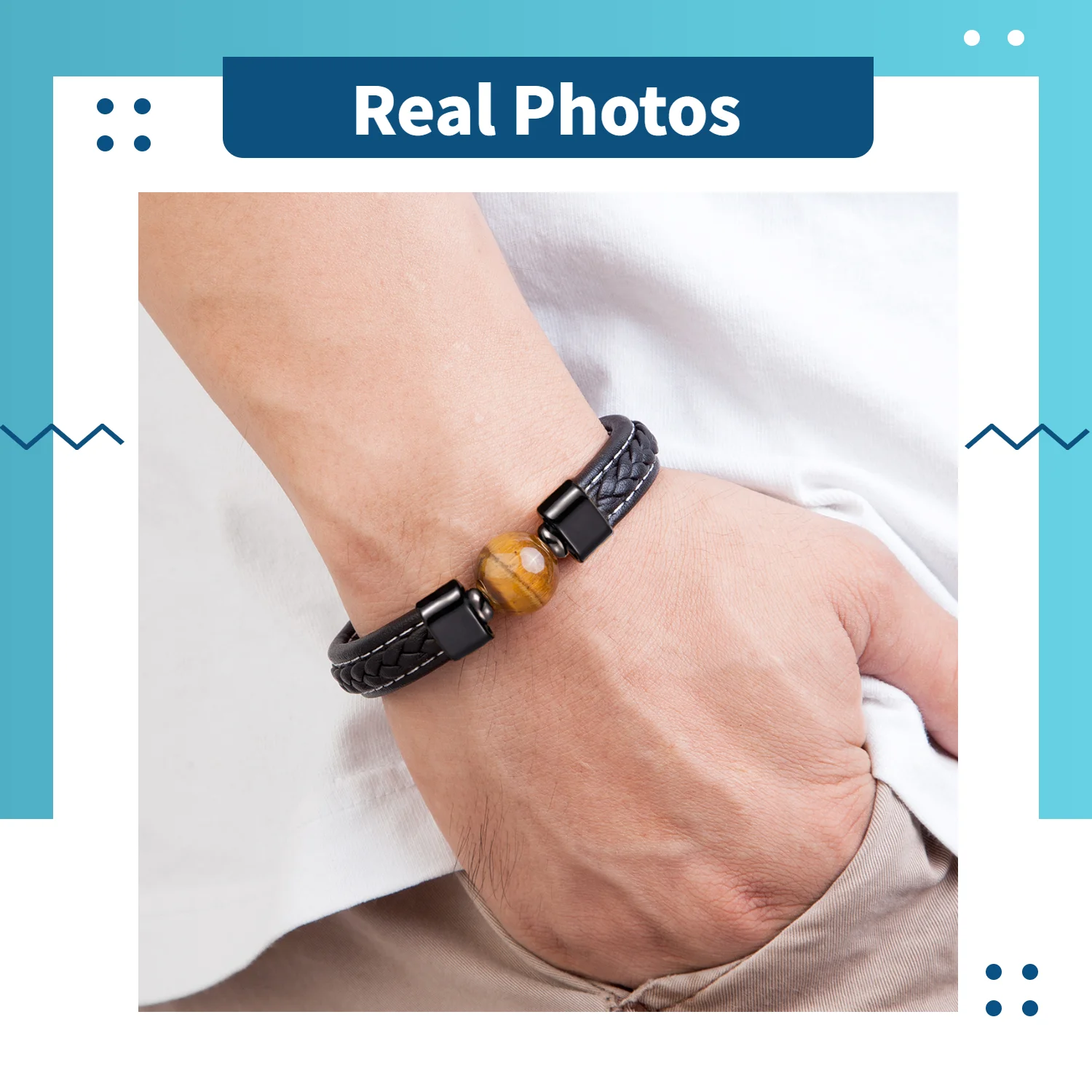 Genuine Leather Bracelets Men Stainless Steel Clasp Charm Bracelet For Male 6 Style Natural Tiger Eye Lava Stone Jewelry