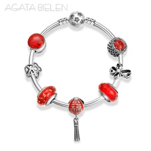 Стерлинговое Серебро 925 пробы, с надписью blessding, китайский красный, серия готовых браслетов, модные женские браслеты с подвесками, ювелирные изделия