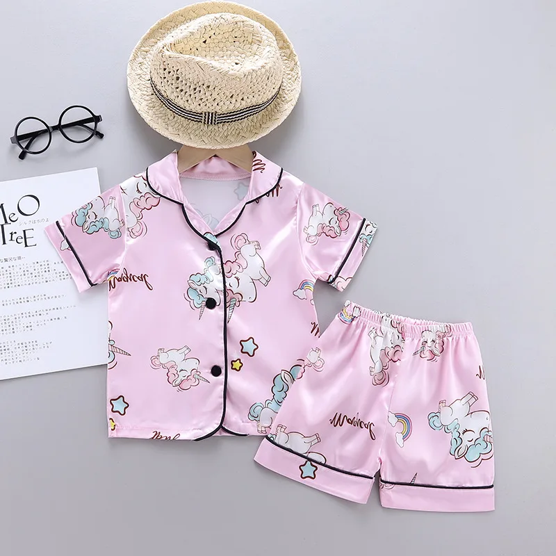 children's robe and slipper set Kids Pajamas Set Silk Satin Pajamas Boys Girls Unicorn Print Pyjamas Short Sleeve Blouse Tops+Shorts Underwear & Sleepwears baby nightgown newborn