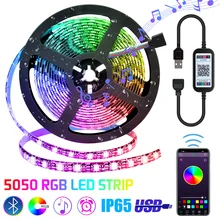 Bande lumineuse LED RGB 5050, Bluetooth intelligent, USB 5V, étanche, TV, ruban de lumière noir, changement de couleur, lampe