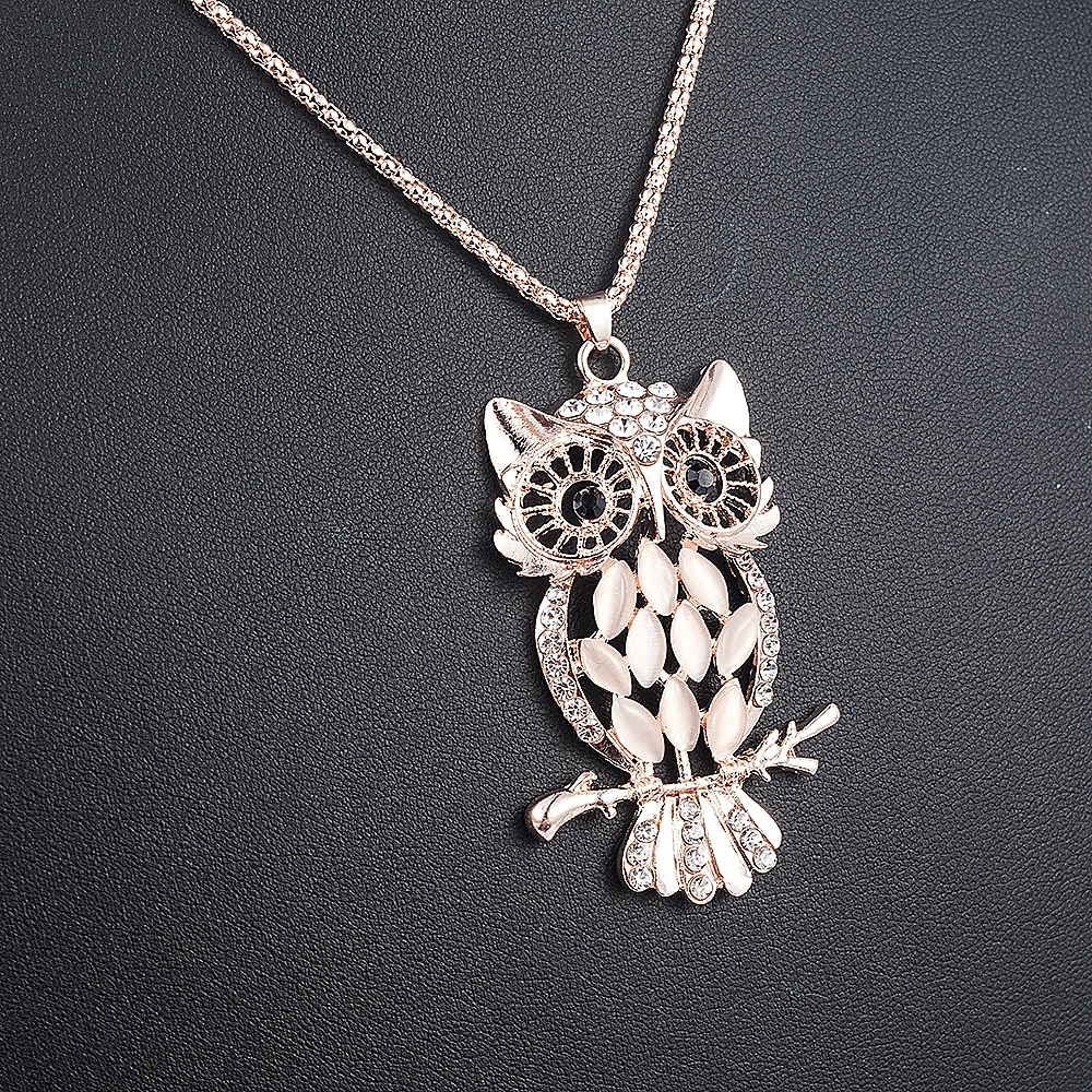

New Fashion Gold Jewelry Crystal Opal Owl Pendant Chain Gold Sweater Long Necklace Autumn Jewelry Accessories For Women Girl