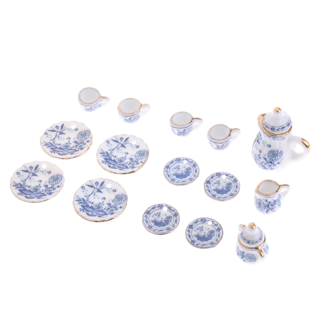 Classic 1/12 Dollhouse Miniature Blue Flower Ceramic Chinese Tea Set Coffee Wine Set Tableware Accessories Decor