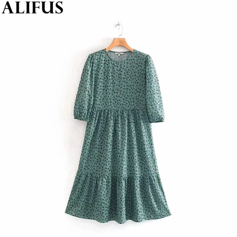 Fashion Za Women Dress Vintage Print Chic O Neck Three Quarter Sleeve Casual Slim Dresses Female Ladies Vestidos