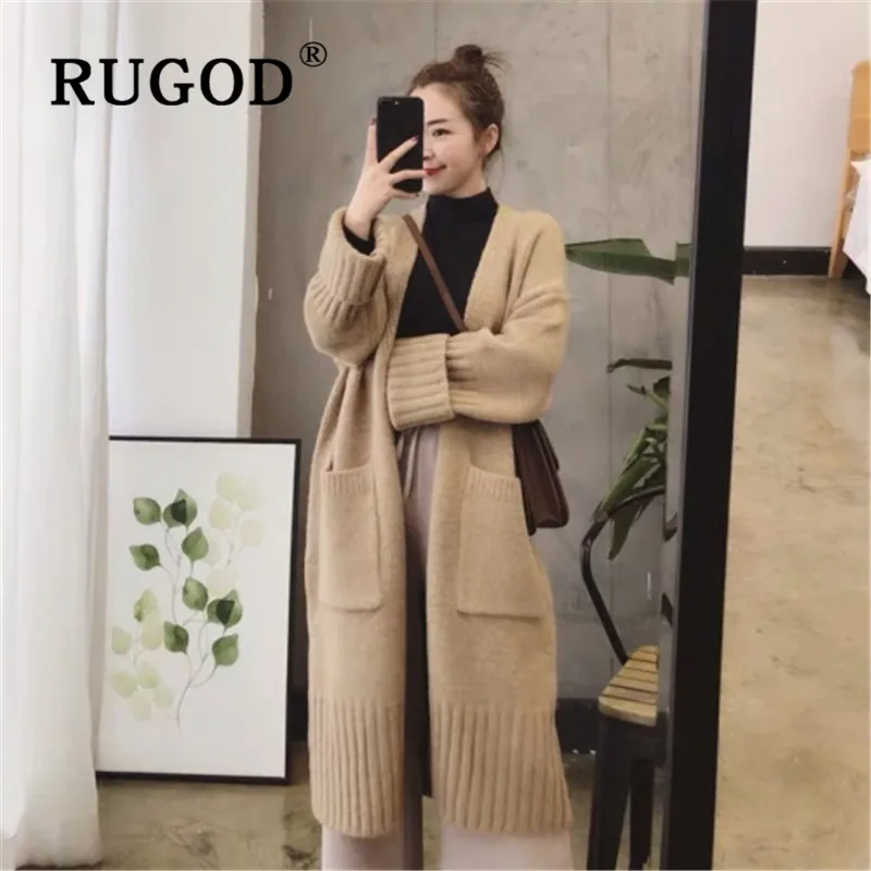 RUGOD осень зима стиль Шикарный средней длины кардиган толстый свитер сплошной цвет размера плюс женская мода