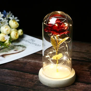 

6 Colour Beauty And The Beast Red Rose In A Glass Dome On A Wooden Base For Valentine's Gifts LED Rose Lamps Christmas