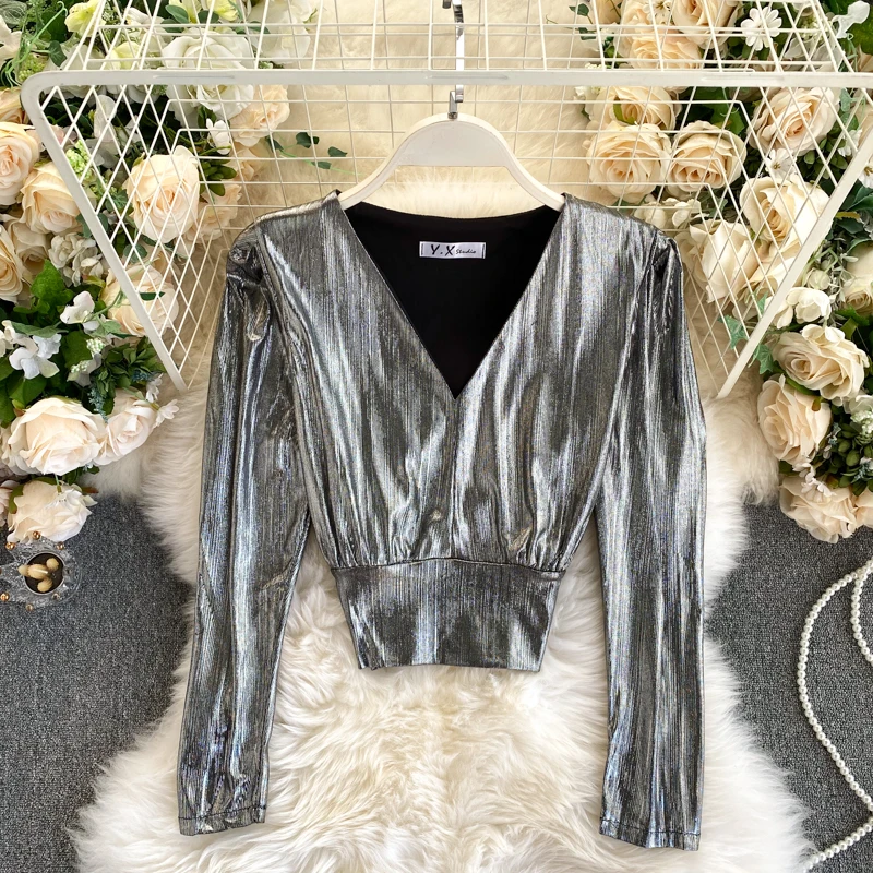 

Sexy V-Neck Long Sleeve Short Tops Women Slim Bling Bling Silver/Golden Blouse Female Club Party Shirts Autumn 2020 New Fashion