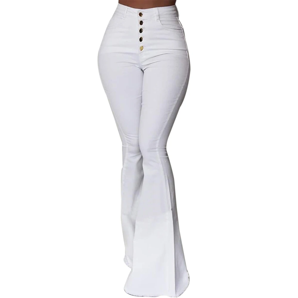 Белые женские брюки клеш с пуговицами и высокой талией, новые брюки, обтягивающие повседневные одноцветные штаны для работы - Цвет: white