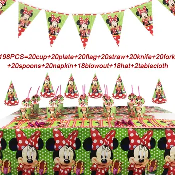

Baby Girl Decorations Kids Minnie Mouse Birthday Banner/Flag Disposable Cup Plate Straw Minnie Mouse Birthday Party Supplies Set