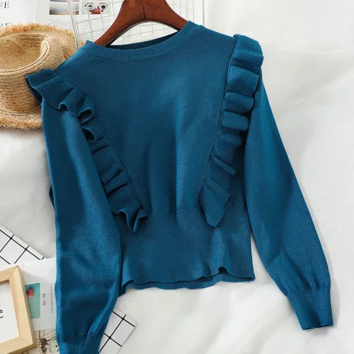 Женские однотонные корейские свитера с оборками, Повседневная зимняя одежда, пуловеры, модные женские свитера 13457 - Цвет: Синий
