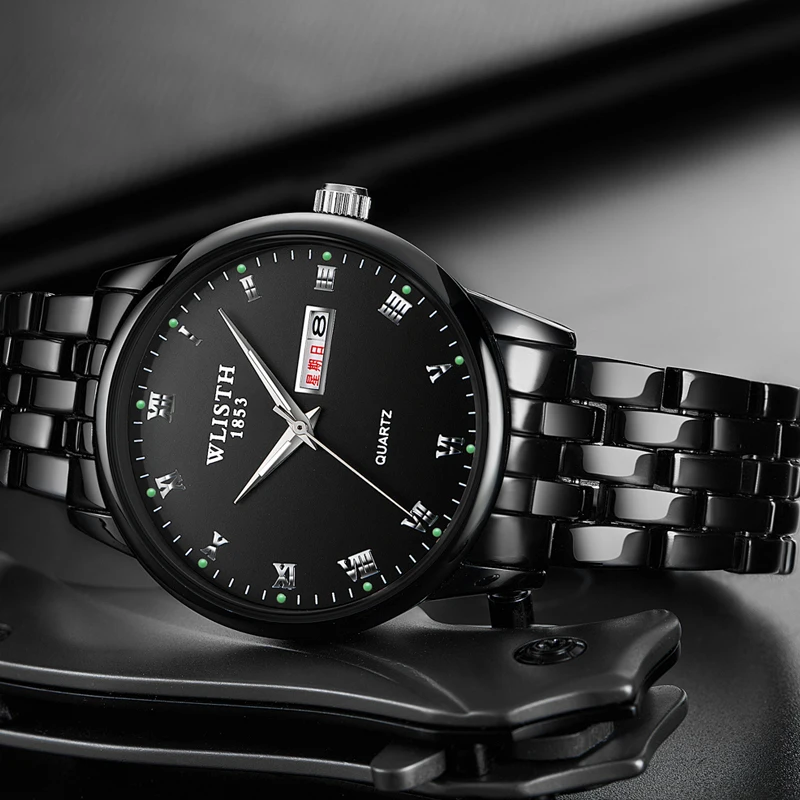 Black Men women fashion business Quartz Couple Luminous Week Calendar Display Steel Strap Belt Quartz Movement Lover Wrist Watch