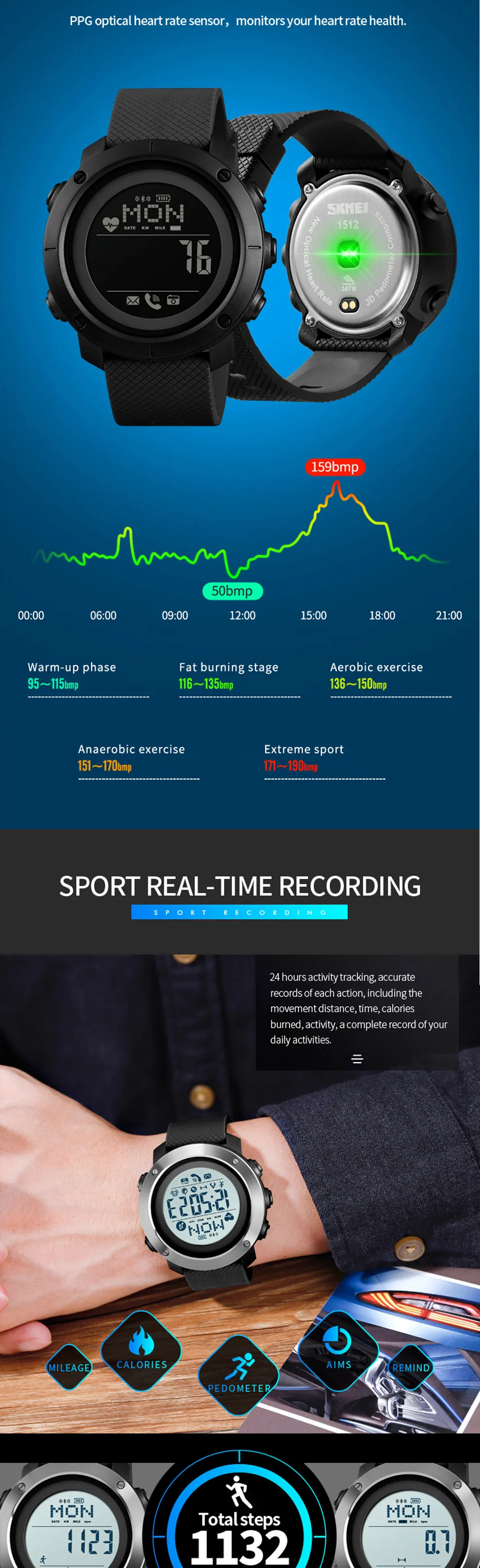 skmei relógio digital de pulso relógio inteligente masculino prova com relógio digital de batimentos cardíacos calorias