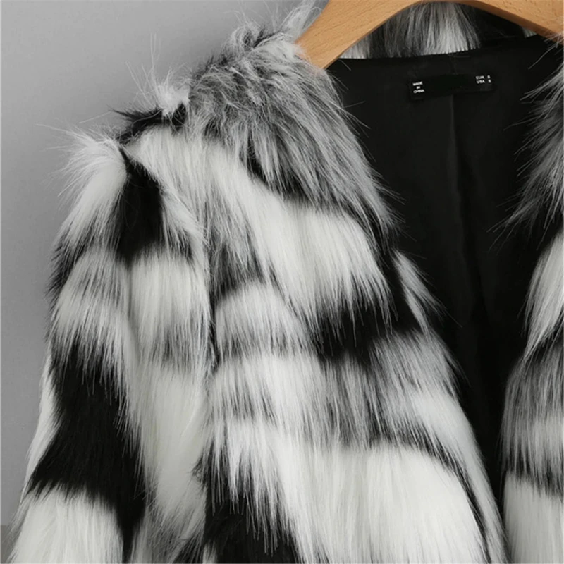 COLROVIE двухцветное пальто из искусственного меха с открытым передним воротником женские черно-белые осенние пальто высокого уличного стиля модная теплая зимняя верхняя одежда