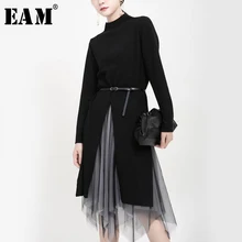 [EAM] юбка средней длины, Вязанный костюм из двух частей, свободный Женский костюм с высоким воротником и длинным рукавом, весна-осень, 1K941