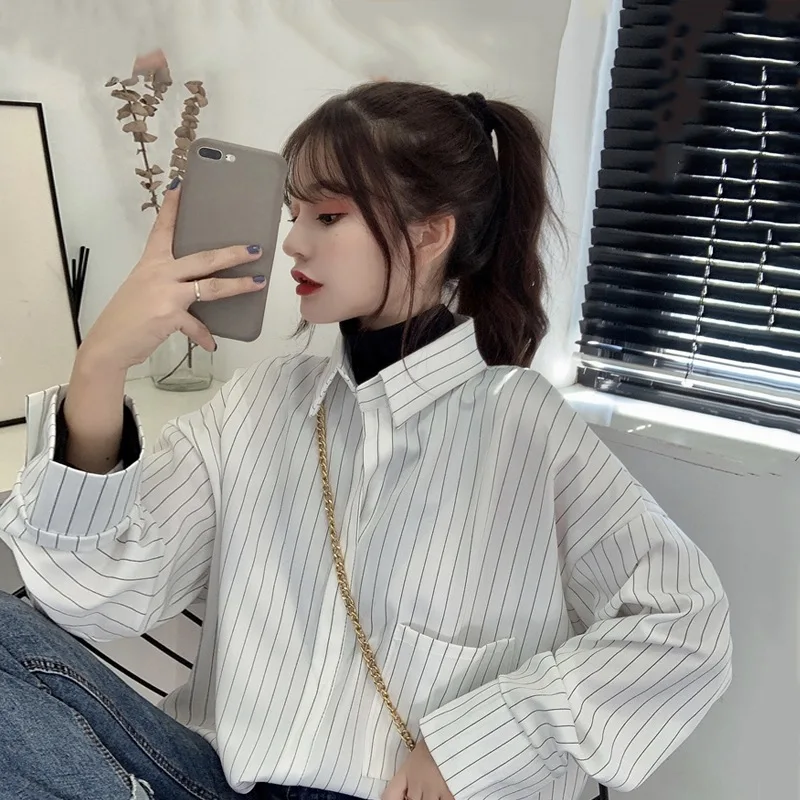 

Autumn And Winter 2019 New Style Korean-style High Collar Joint Mock Two-Piece Striped Shirt Women's Sense of Design Non-mainstr