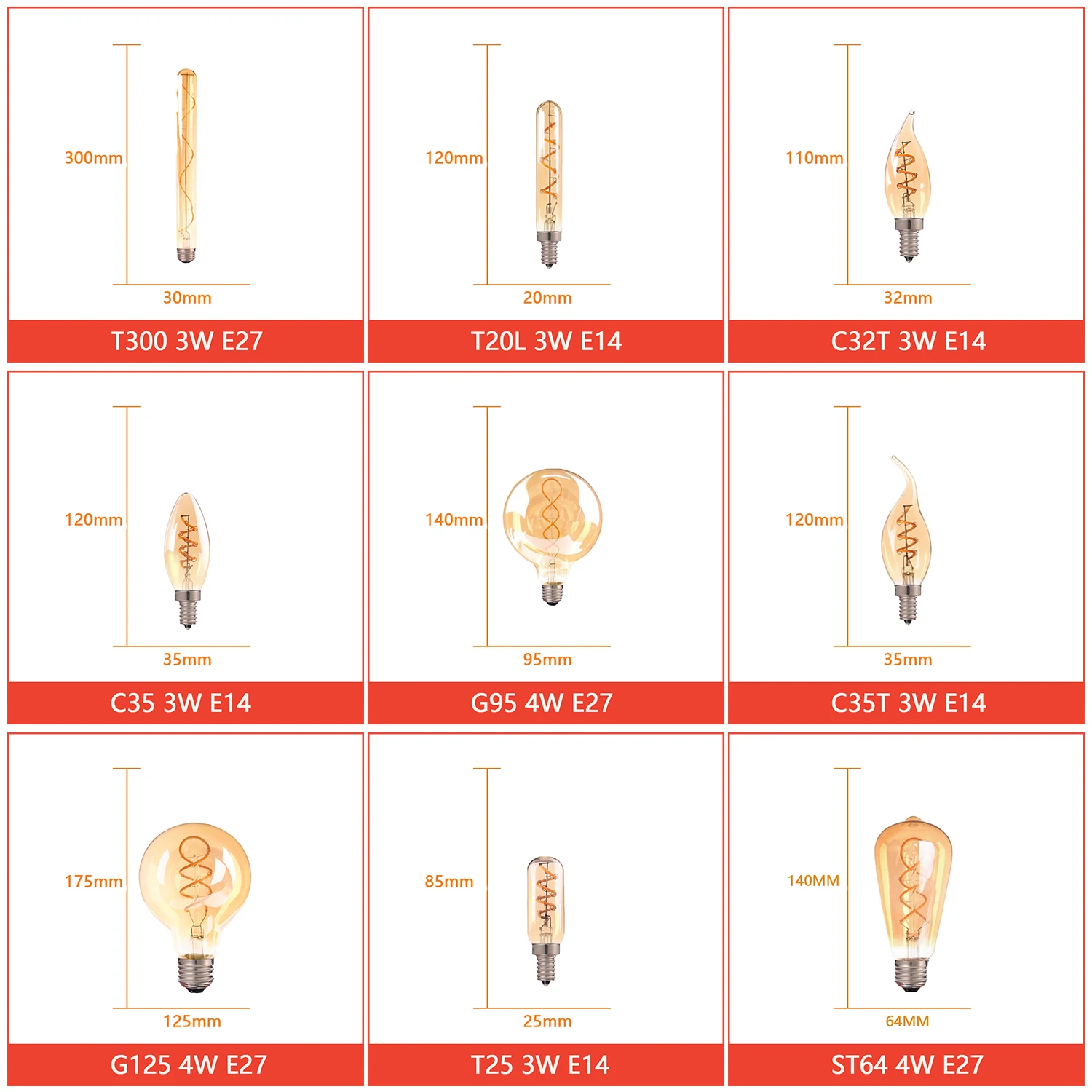 레트로 빈티지 램프 4W 2200K 나선형 빛 LED 필라멘트 전구 C35 T25 ST64 G80 G95 G125 장식 조명 디밍이 가능한 에디슨 램프