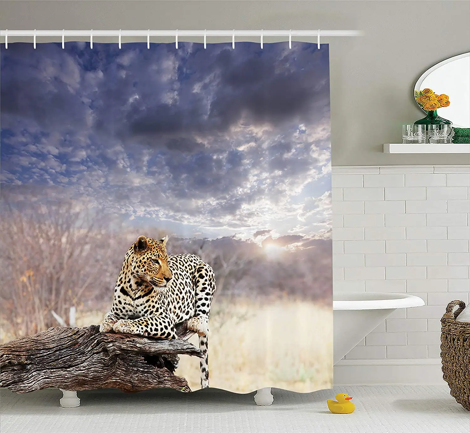 Safari Decor Shower Curtain Set Leopard Setting On Tree Trunk Under Last Sunlights of The Day Sunset Dark Cloudscape Bathroom | Дом и сад