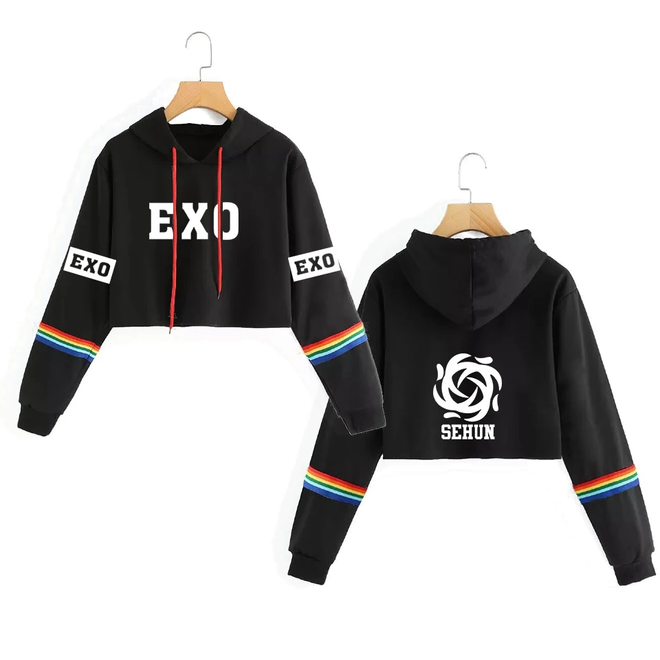 K-pop группа EXO сексуальный пупок кроп Топы EXO с именами членов группы Толстовка для женщин пуловер с длинными рукавами поддержка вентилятора толстовки Sudadera Mujer - Цвет: 10