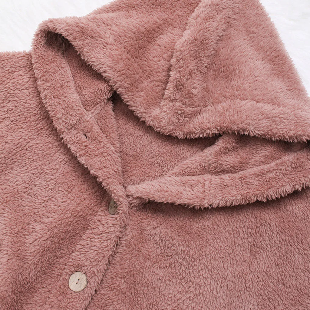 Зимние пальто с капюшоном из флиса с пушистыми пуговицами, Теплая стеганая куртка для женщин, повседневные однобортные однотонные парки с карманами, верхняя одежда размера плюс