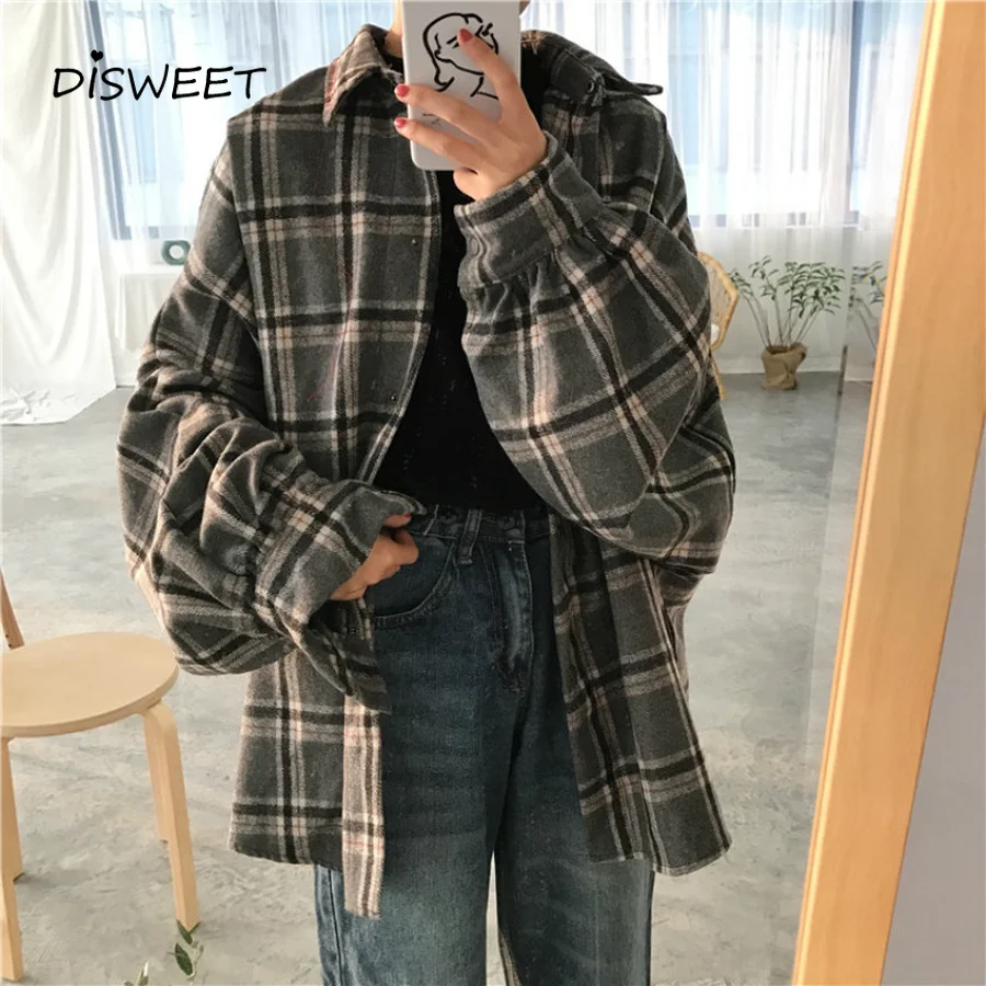 

2019 Harajuku Autumn Plaid Thin Section Wool Cardigan Korean Puff Sleeve Slim Warm Shirt Jacket Retro Casual Women Button Top