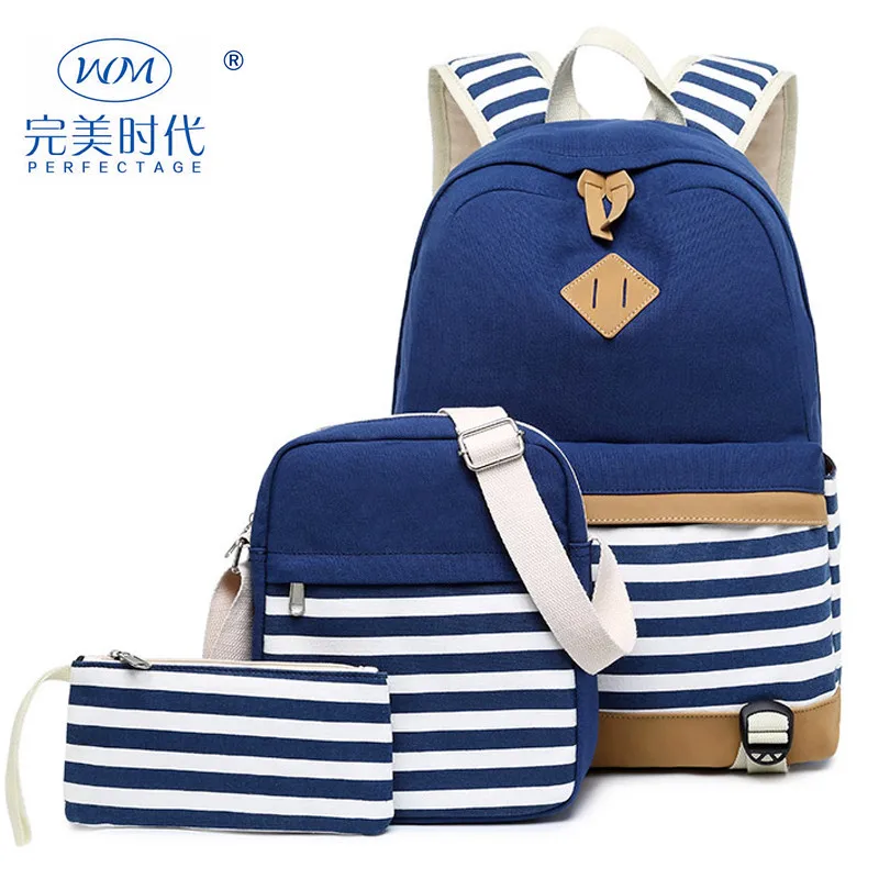

Three-piece Set Different Size Bags Canvas Casual Backpack Women's Large Printed Middle School Students School Bag