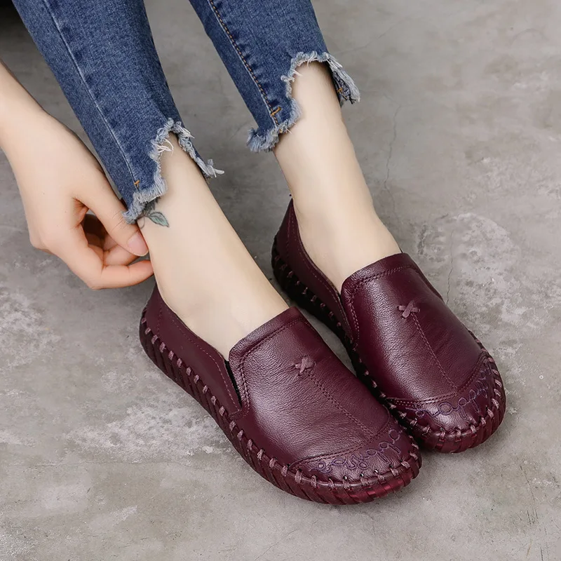 Womens Genuine Leather Loafers Handmade Soft Comfortable Flat Casual Shoes 