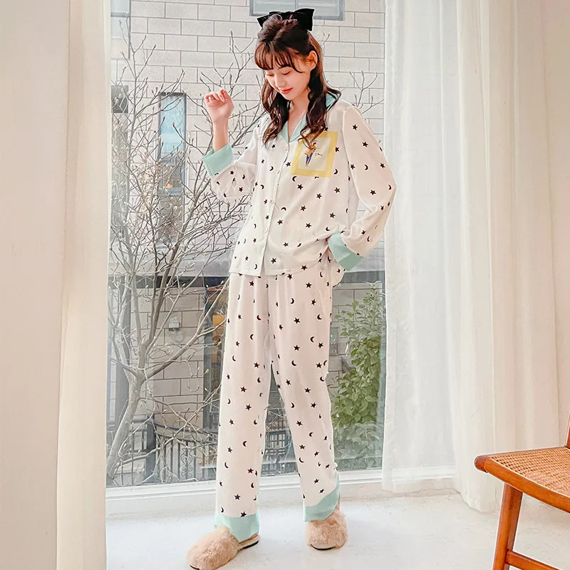

Пижамный комплект женский из 2 предметов, белая одежда для сна с принтом, ночная рубашка с длинным рукавом, Шелковый костюм для отдыха, весна-осень