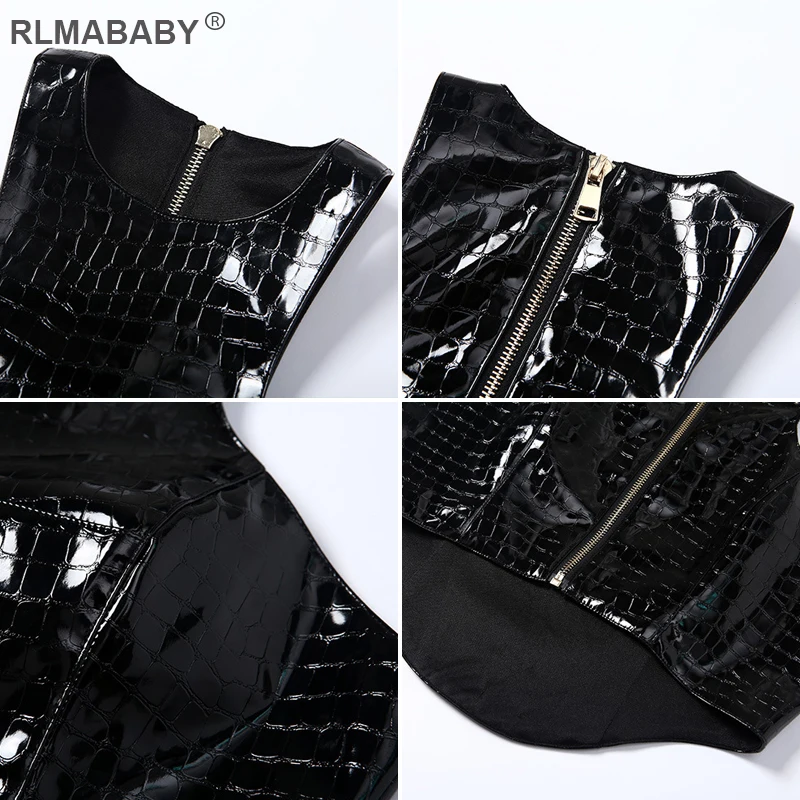 RLMABABY/Новинка; женская майка из искусственной кожи; асимметричный подол; круглый вырез; без рукавов; облегающий кроп-топ на молнии; Клубные вечерние женские черные короткие топы