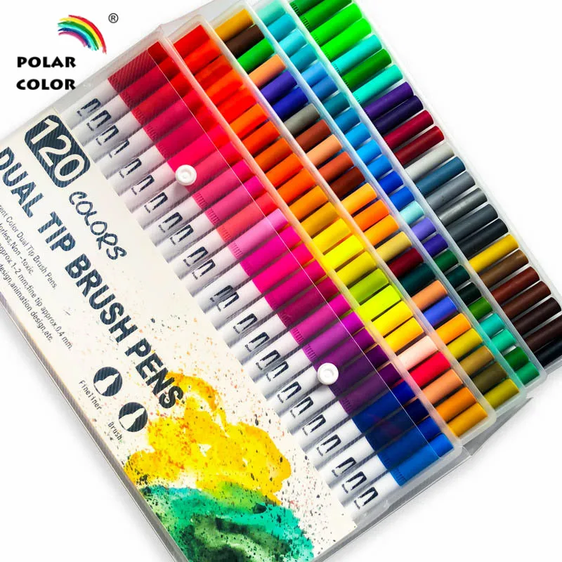 Креативная 120 цветная двойная ручка с чернилами на водной основе, Цветная кисть для рисования, 0,4 мм, ручка для рисования, белый баррель, художественный маркер с коробкой