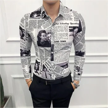 

Luxury Newspaper Mens Dress Shirts Us Size Hawaiian Shirt Long Sleev Casual Slim Fit Casual Shirts For Men 2020