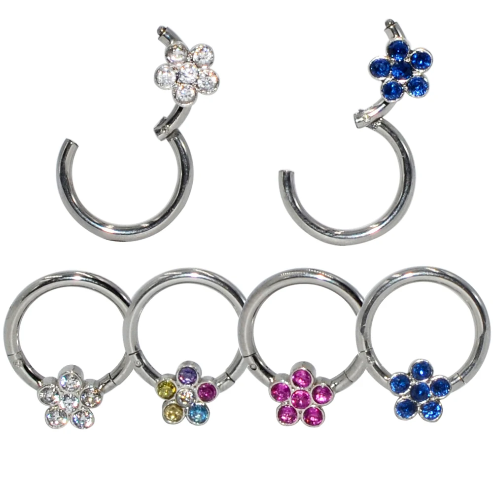 1PC CZ Gem Flower Septum Clicker Labret Lip Ring Nose Ear Tragus Cartilage Earring Seamless Hinged Body Piercing Jewelry | Украшения и