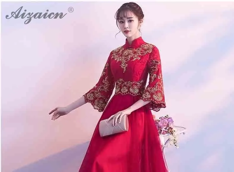 Современное китайское платье, кружевное, Ципао, винтажное, Cheongsam, платья подружек невесты, винно-красное, с роговыми рукавами, Qi Pao, традиционное вечернее платье