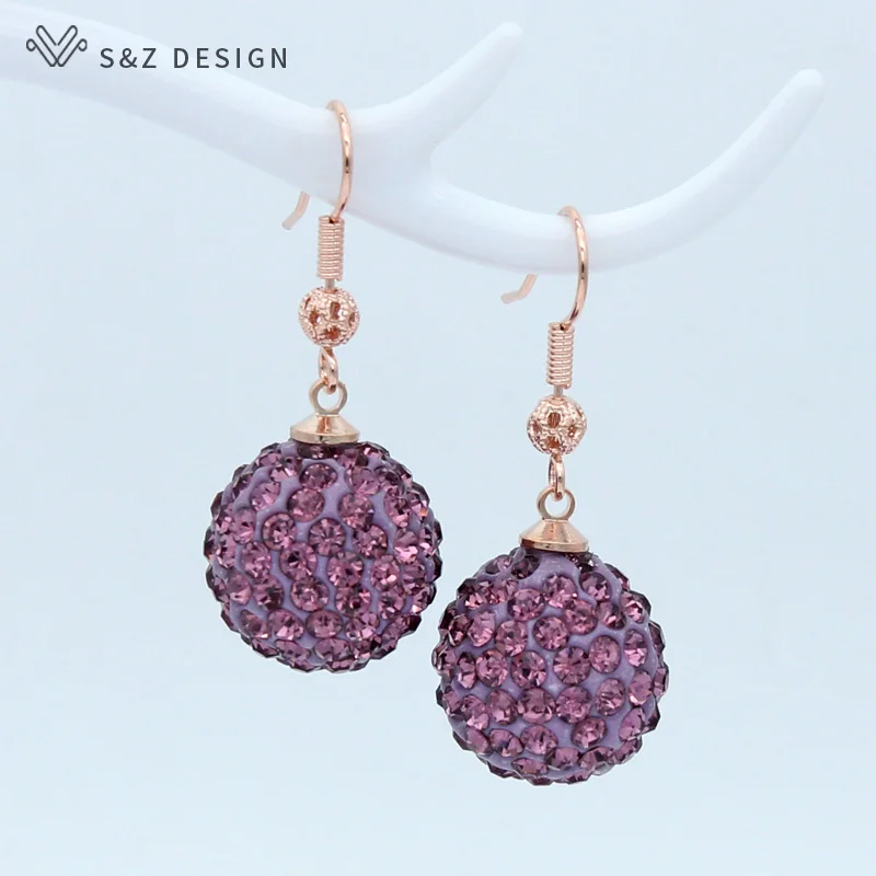 S&Z DESIGN New Fashion Cute Round Crystal Ball 585 Rose Gold Color Dangle Earrings For Women Girl Party Jewelry Gift