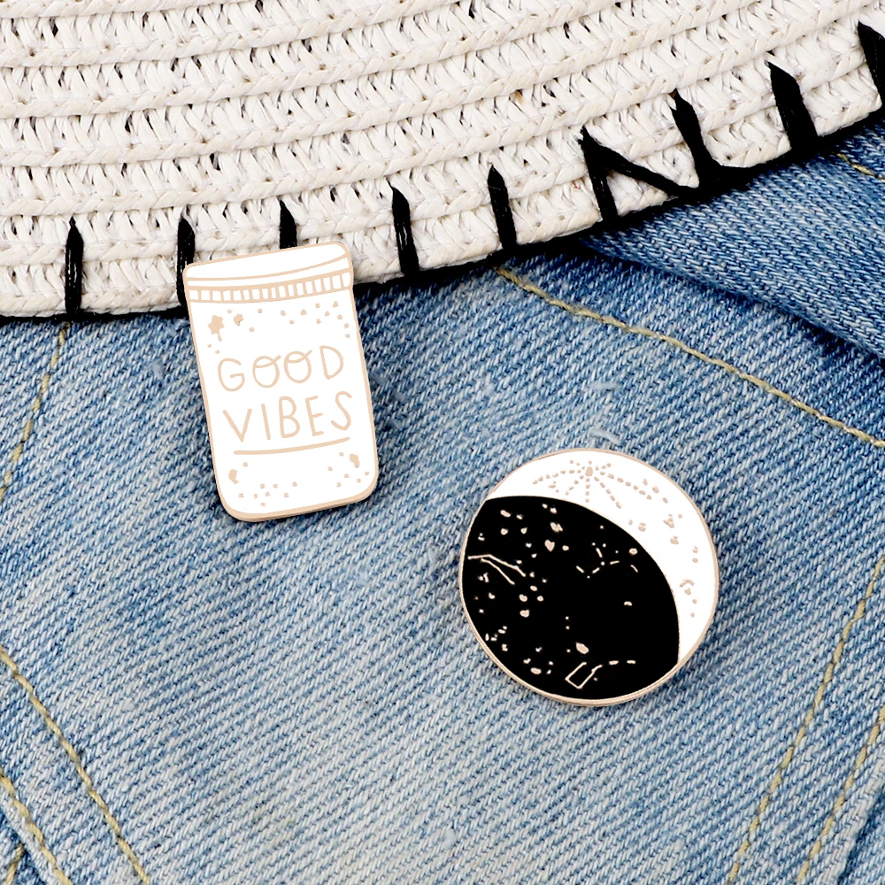 Good Vibes Enamel Pins Constellation Moon Phase Brooches Space Universe