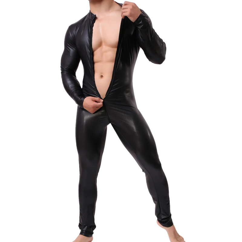 Мужской кожаный латексный комбинезон Боди черное блестящее Эротическое белье