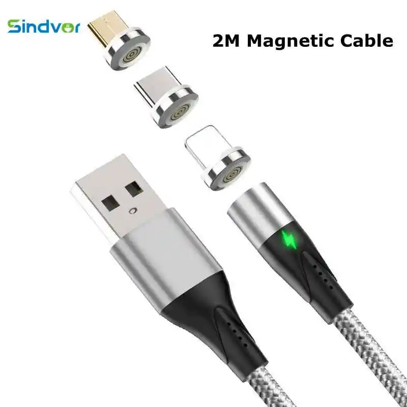Магнитный кабель для быстрой зарядки 2 м Тип C Micro Usb быстрая зарядка светодиодное