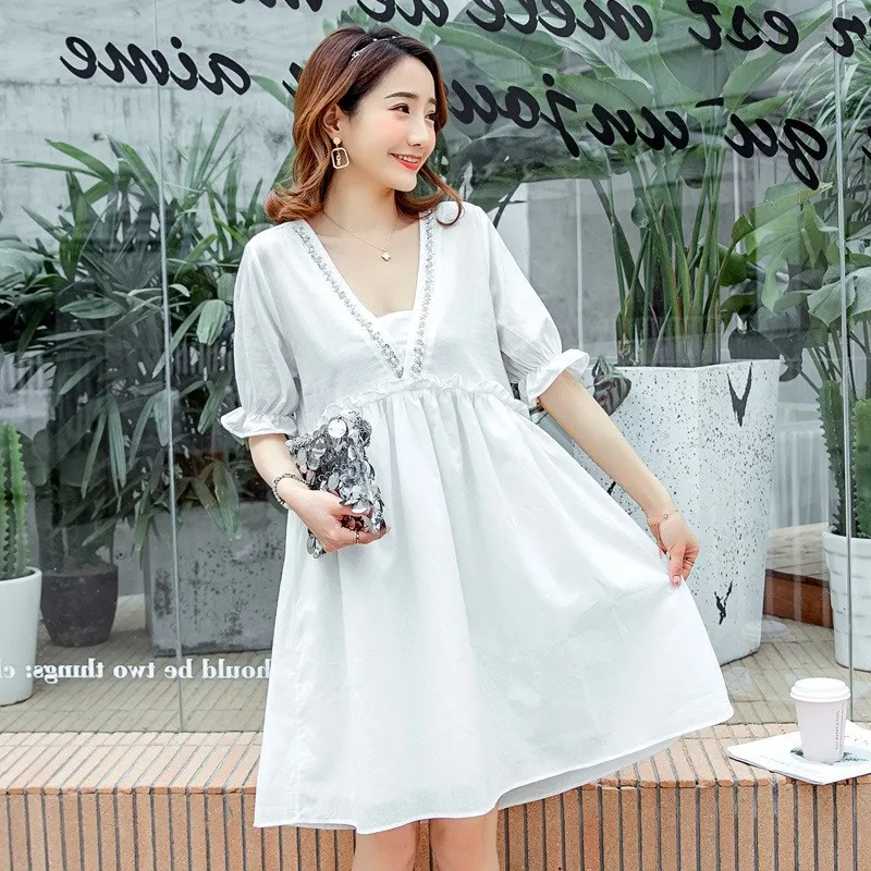 

Large Size Fashion Mom Summer Skirt 2019 New Style Korean-style Solid Color Loose-Fit Slimming GIRL'S Dress A- line Pregnant Wom