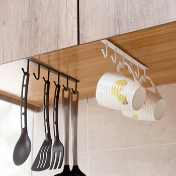 

6 Hooks Cup Holder Iron Kitchen Storage Rack Cupboard Hanging Hook Shelf Under Cabinet Hanger Bathroom Organizer Holder New