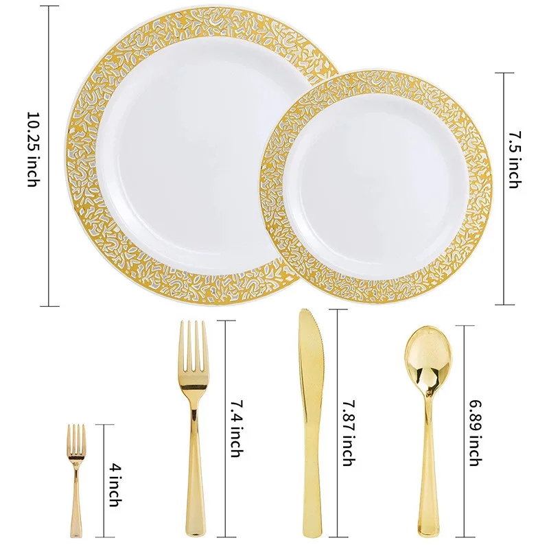 60pcs Wedding party home supplie Plastic Party Plates for 10 people party Gold Disposable Plates Plastic Silverware Plastic Cups