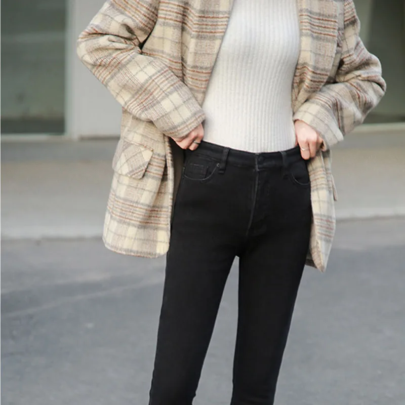 Зима женское Шерстяное Пальто Повседневное клетчатое пальто с карманами