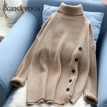 

Genayooa Christmas Sweater Women Turtleneck Sweaters High Collar Pullover Irregular Long Sleeve Korean Knit Sweater Women Jumers