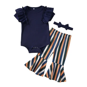 

Summer Newborn Baby Girl Clothes Set Short Sleeve Solid Print Romper Tops & Stripe Flare Trousers Headband Outfits Clothes